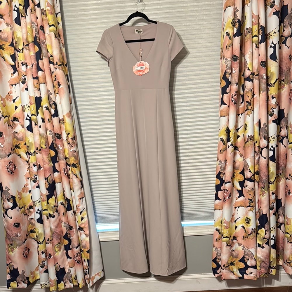 Tan V Neck Maxi Gown for Wedding Guests